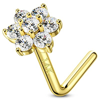 CM Crareesi Mania Piercing nasal en or jaune massif 14 carats, calibre 20, bijoux en véritable or jaune pour femmes et hommes, Zircone cubique Diamant Or jaune