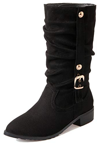 Lizoleor Botas Media Caña De Mujer Tacon Ancho Puntiagudos Sin Cordones Plisadas Snow Equestrian Comodos Casual Clasico Fur Lining Negro/Dl Talla 40.5 EU/42CN
