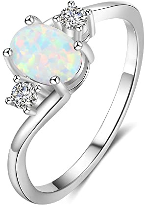 Bellitia Jewelry 925 Sterling Silber Geometrisch Fingerring für Frauen Damen, Edelstein Geburtsstein Weißer Opal CZ Zirkonia Ring Schmuck Set