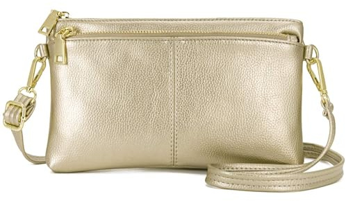 ZOUIQSS Kleine Dreifach Reißverschluss Umhängetasche Leichte Handtaschen Geldbörse Vegan Kunstleder Handgelenkstasche,Inklusive verstellbarer Schulter(Gold(LZ))
