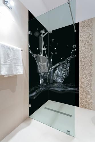 Wallario Selbstklebende Duschrückwand 180 x 180 cm, 2-teilig mit Motiv Aufspritzendes Wasser - Wandverkleidung Fließenersatz mit Hochglanzlaminat in Glasoptik