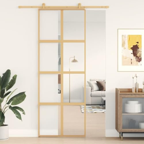 NITCA Porta Scorrevole,Porte da Interno,Porte Interne Economiche,Porta Scorrevole Esterno Muro,Binario Porta Scorrevole,Dorata Vetro Trasparente ESG Alluminio, Type 1 76 x 205 cm