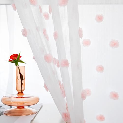 MYSKY HOME Vorhänge mit Ösen Gardinen Wohnzimmer Vorhang Transparent Dekoration für Wohnzimmer Kinderzimmer Schöne Stickerei Gardine 2er Set Modern Schlafzimmer Ösenvorhang, H 225 x B 140 cm, Rosa
