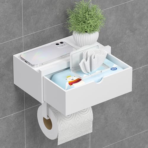 EXABANG Porte-rouleau de papier toilette sans perçage avec boîte à lingettes humides - Support en bambou pour salle de bain - Autocollant ou perçage - Blanc