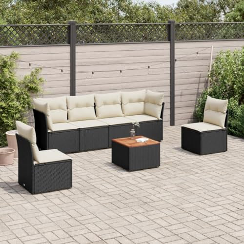 ULUYYUC 7-TLG. Garten-Sofagarnitur, Eckbankgruppe Schlafsessel Mit Bettfunktion Bodensofa Gartenstühle Geeignet für Hinterhof Balkon Außenbereich Garten mit Kissen Schwarz Poly Rattan