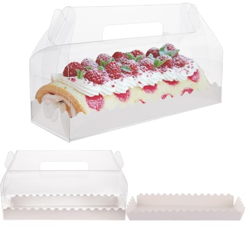 ZOFUN 30 Pcs Swiss Roll Cake Boxes, 27 x 10 x 9 cm Clear Cake Box with Liners, Swiss Cake Carrier with Handle, Transparent Cake Boxes for Bakery Dessert Storage Takeaways