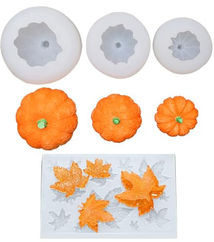 Goldyida 4 Stück 3D Kürbis Ahornblatt-Form Kürbis Harzformen Set 3D Halloween Kürbisform Thanksgiving Ahornblatt Silikon Form für DIY Süßigkeiten Herbsternte Halloween Silikonform Kerzenform
