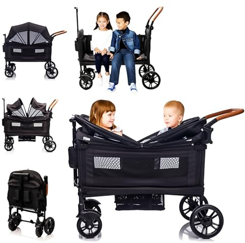 MRZLB Lyxig vagn barnvagn för 2 barn och cargo-lätt resevagn | Vikbar tryck-drag terrängvagn för 2 småbarn, 5-punkts sele, justerbart handtag, baldakin, brickbord, kopphållare