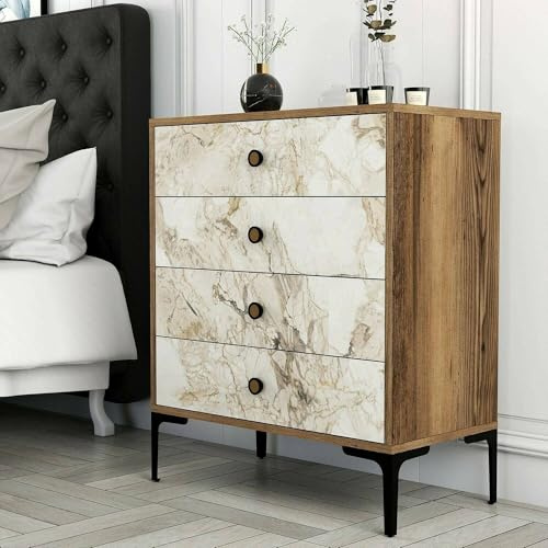 Dmora - Commode Aether, Commode polyvalente, Commode de chambre, Meuble avec tiroirs, 76x40h91 cm, Noyer et Marbre Blanc