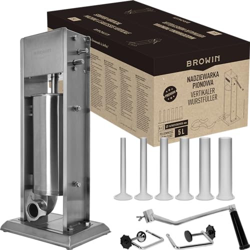 BROWIN® Manuell Wurstfüller aus Edelstahl 311037 | 5 Liter vertikale Wurstmaschine mit Tischklemme | Wurstfüllmaschine | Wurstpresse | Machine für hausgemachte Wurst | inkl. 6 Füllrohren