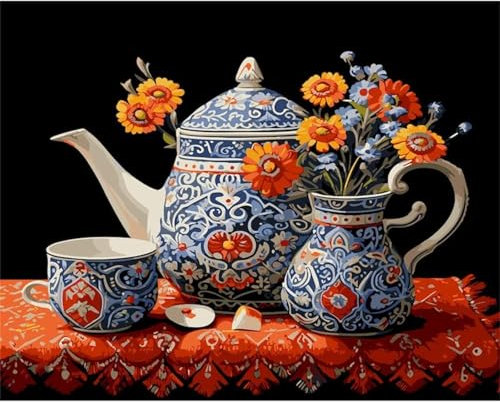 Yoonqun Vintage Tea Set Paint by Number,Painting by Numbers on Canvas Paint by Numbers for Adults Beginner Kids with Frame DIY Oil Painting Arts Crafts for Home Wall Decor Gifts 20x26 inch