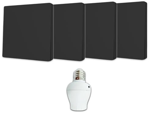 Interrupteur sans fil et sans pile Auto alimenté Noir - Écologique - Qualité Pro - Va et vient RF - KIT 4 télécommande mural + 1 Douille à vis E27 Adaptateur Radio - Longue Distance - 200 m