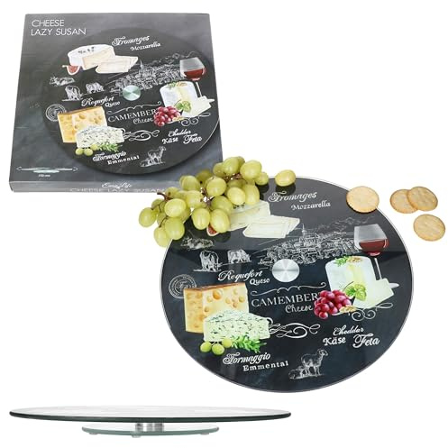 MamboCat World of Cheese drehbare Käseplatte I Ø 32 cm I dekorierte Servierplatte aus Glas für Hart- & Weich-Käse, Wurst, Häppchen, Fingerfood & Co. I Drehplatte, Geschenkidee