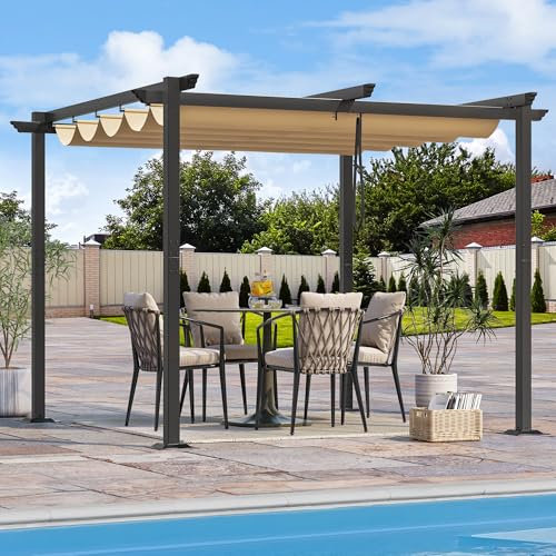 YITAHOME Metall Pergola mit einziehbarem Dach 3x3m Outdoor Pergola inklusive wasserabweisendem und LSF 15 PU-beschichtetem Baldachin, Sonnenschutz für Grillveranstaltungen,Khaki