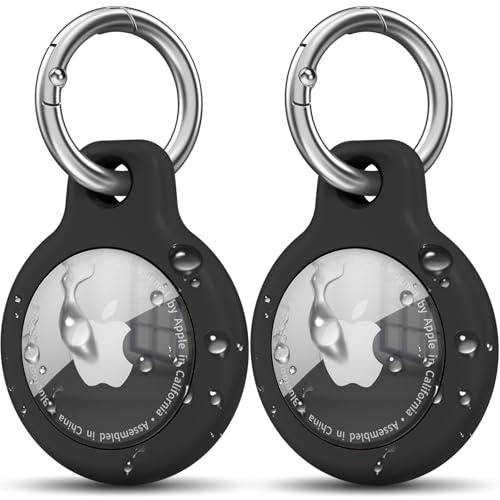 YLK Lot de 2 coques de protection pour Apple AirTag, avec porte-clés, en TPU rigide, étanche, anti-rayures, anti-chocs, anti-perte, noir/noir