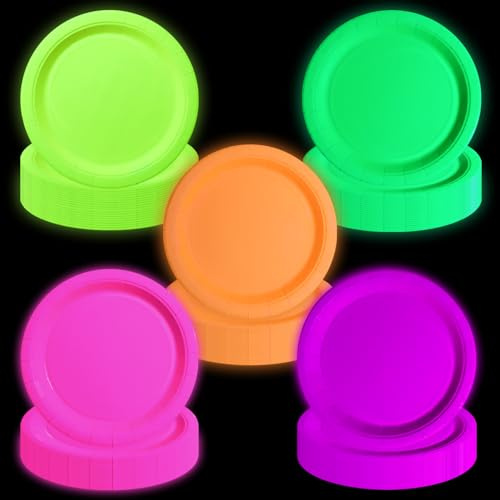 APUXXJUPA Leuchtet im Dunkeln, Neon-Geburtstagsteller, 50 Stück, 23 x 23 cm, Bulk Pappteller, leuchtende Partyteller (Mix-100)