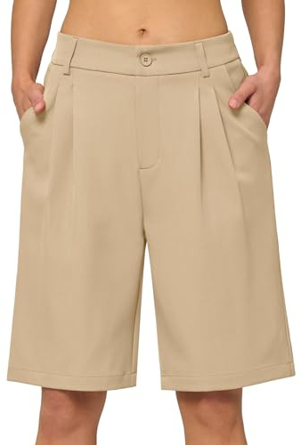 WILLIT Pantaloncini da donna estivi bermuda eleganti da ufficio, a vita alta, lunghezza al ginocchio, passanti per cintura, gamba larga, tuta da lavoro, pantaloncini con tasche da 10, Kaki chiaro., S