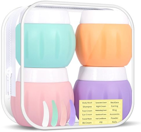 4 contenitori per crema, 4 x 50 ml, in silicone macaron, con sacchetto trasparente, cucchiaio ed etichetta, per contenitori cosmetici da viaggio