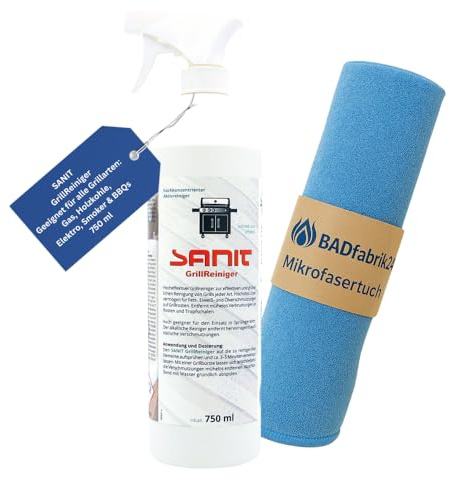 BADfabrik24 SANIT GrillReiniger 3401 – 750 ml Sprühflasche inkl. Mikrofasertuch – Fettlöser für Grill, BBQ & Smoker – entfernt Verkrustungen & Rückstände, einfache Reinigung