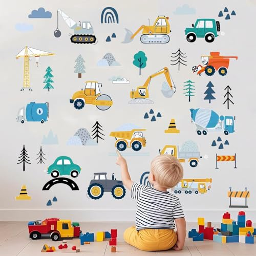 Cartoon Construction Vehicles Wall Decals, 90Pcs DIY Removable Vinyl Road Vehicle Stickers with Car, Truck, Excavator, Crane for Kids’ Room, Nursery, Playroom Wall Decor - Boho Boys Bedroom Decor