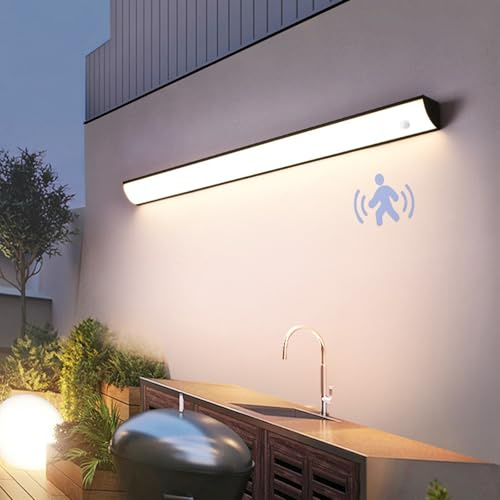 Extérieur Longue Applique Murale avec Détecteur de Mouvement Garage Éclairage Mural Étanche IP65 LED Extérieure/Intérieure Lampe Murale 3000/4000/6500K Entrée Patio (Noire Lumière Naturelle,60cm)