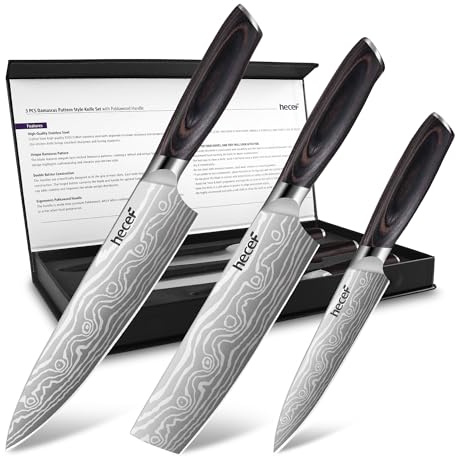 hecef Juego de Cuchillos de Cocina 3 Piezas Acero – Mangos Ergonómicos Pakkawood, Patrón Damasco Láser, Súper Afilados, Chef Nakiri Utilitario, Elegancia y Versatilidad para Todo