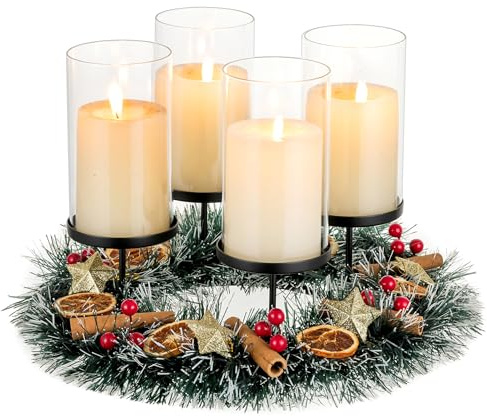 Hewory Ljushållare, adventskrans, modern juldekoration: svart metall, ljustallrik med glascylinder, för blockljus, adventsljus, ljusstake, lykta, glas för juldekoration