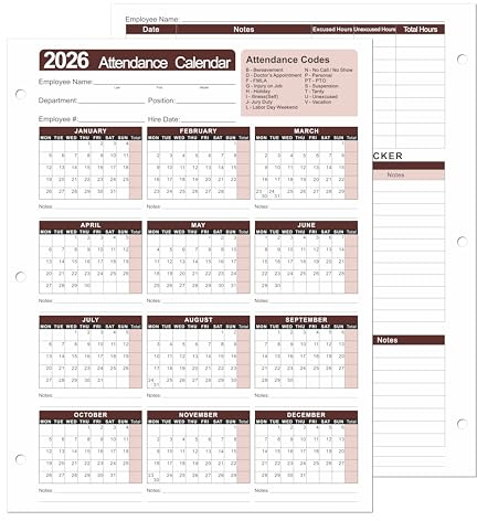 Anwesenheitskalender 2026 und Tracker, Mitarbeiter-Tagesanwesenheits-Aufzeichnung, 21,6 x 27,9 cm, 200 g/m² Karton, monatliches Layout mit Krankheitstagen und Urlaubstracker, 3-fach gelocht, 25 Blatt