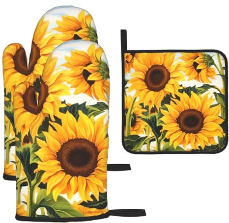Juego de 3 manoplas de horno y soportes para ollas, resistentes al calor, guantes de barbacoa, pintura de girasol, guantes de horno, guantes antideslizantes, manoplas de cocina, agarraderas para