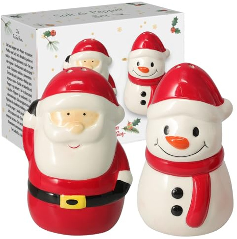 MIJOMA Set de salière et poivrière - Design élégant en porcelaine, résistant aux aliments, facile à remplir - Différents designs amusants et mignons au choix (Père Noël & bonhomme de neige, 2 pièces)