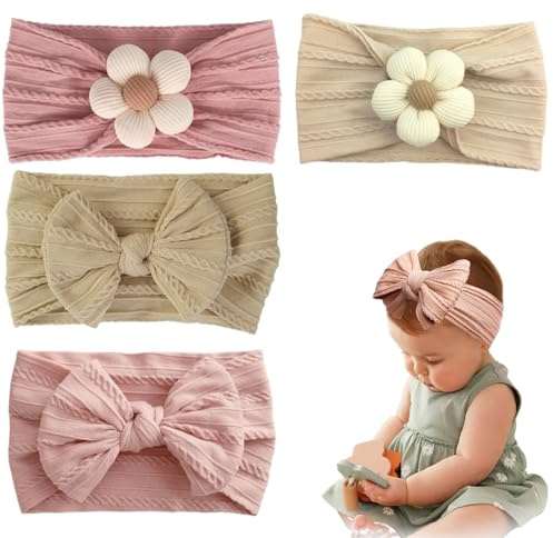 Set di 4 Fasce Neonata con Fiocco, Morbide Fascette per Capelli Elastiche per Neonato e Bambina Piccola, Ideali per Foto, Battesimo e Feste, Cotone