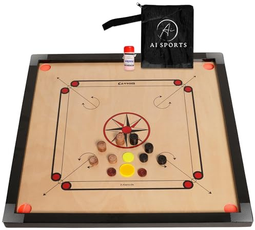 AI Sports Carrom Board 33–33 Inch with 25 Pieces – Full Size Wooden Carrom Set with Coins, Striker, Powder & Carry Bag | Indoor Family Board Game