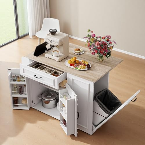 Fppuueg Isla de Cocina con Mesa Plegable y Ruedas, Aparador Cocina con Enchufe y Compartimento para Cubo de Basura, Mueble Auxiliar de Cocina, Gabinete Buffet Carro de Cocina, 110x40x90 cm, Blanco
