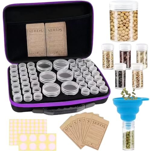 CAKEEYUM Caja de Almacenamiento de Semillas, Organizador portátil con Cremallera, con 48 Botellas, 7 Bolsas y Embudo, Impermeable, para jardín, Invernadero, hogar, Color Morado