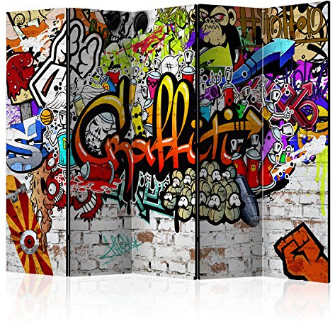 RAUMTEILER/PARAVENT B&D XXL - Paravent Raumteiler Innen Graffiti 225x172 cm 5-teilig Einseitig Raumtrenner Trennwand Holz Room Divider Spanische Wand Raum Abtrennung bunt rot gelb i-A-0103-z-c