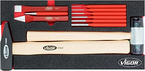 VIGOR Hammer- und Meißel-Satz, V5006, 11-teilig, 2K Weichschaumeinlage | Länge 393 mm, Breite 188 mm, Höhe 35 mm, 2370 g, 11-teilig, 2K Weichschaumeinlage, VIGOR 2-Komponenten-Weichschaumeinlagen