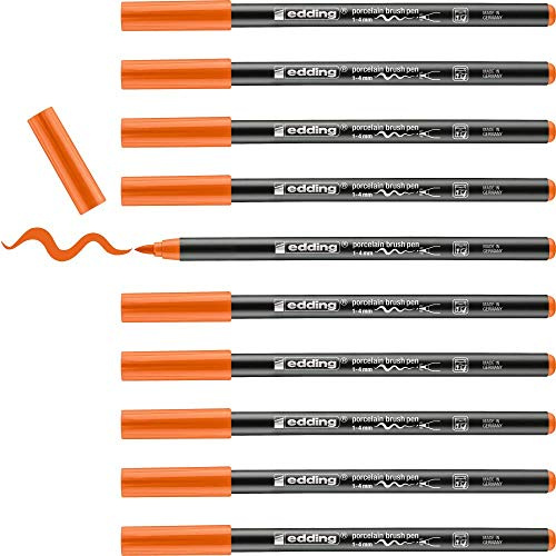 edding 4200 Porzellanpinselstift - orange - 10 Stifte - Pinselspitze 1-4 mm - Filzstift zum Beschriften u. Dekorieren von Keramik, Porzellan - spülmaschinenfest, lichtechte Tinte, schnell trocknend