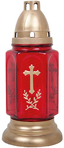 HS Candle - Lampada tombale in vetro (24 cm) con croce inclusa candela – Design Bella rosso