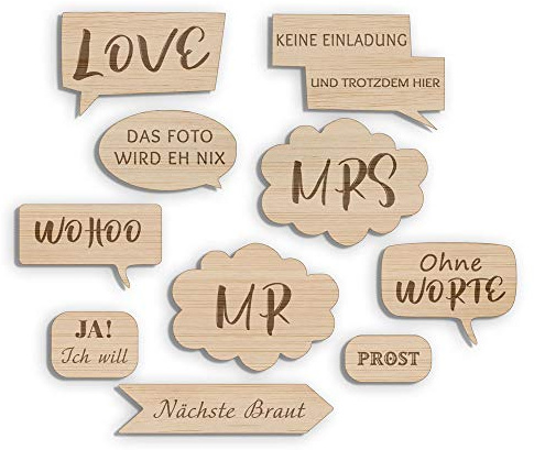 Holzura Fotobox Accessoires Hochzeit Requisiten, Schilder aus Holz mit Sprüchen, Wedding Props Zubehör für Photo Booth und Fotoboxen als Hochzeitsdeko Accessoires
