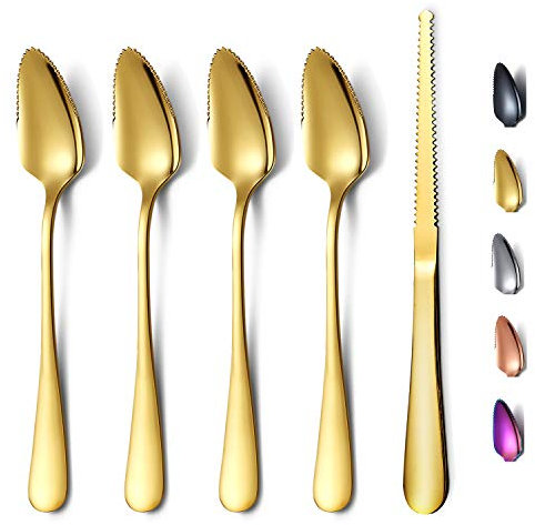 Juego de 5 cucharas de pomelo doradas,4 cucharas de pomelo de acero inoxidable y 1 cuchillo de pomelo con revestimiento de titanio,juego de utensilios de pomelo,cuchara de bordes dentados,paquete de 5