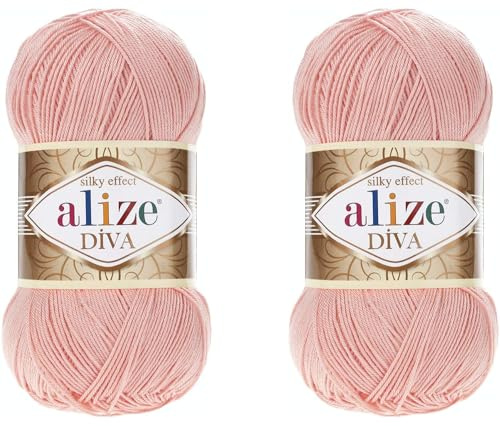 Alize Diva Yarn Handstrickgarn, 100 % Mikrofaser-Acrylgarn, Alize Diva, Seiden-Effekt, Häkelgarn, Kunst, Spitze, Basteln, 2 Knäuel, 200 g, 145 Yds (145 Puder)