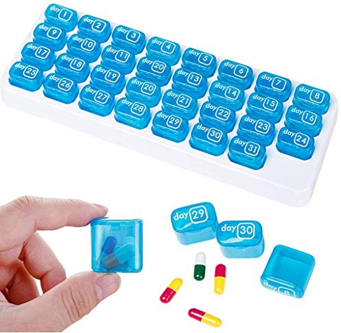Feelairy Pillendose Pillenbox für 31 Tage, Tragbar Tablettenbox Monat mit Deckel für Unterwegs, Medikamentendose Vitamine Medizin Tablet Organizer Case Pillenbox für Tägliche Reise Verwenden (Blau)