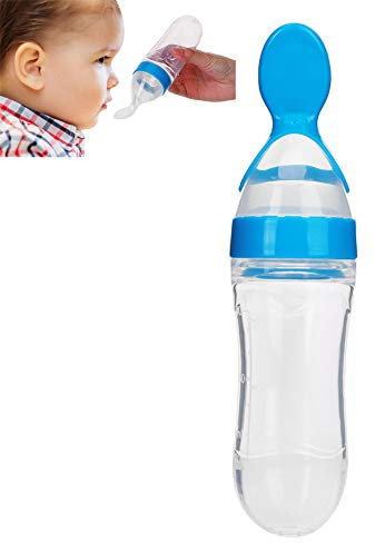 90ml Babynahrung Feeder, Silikon Kleinkind Fütterungsflasche mit Löffel Frischnahrung Müsli Squeeze Feeder(Blau)