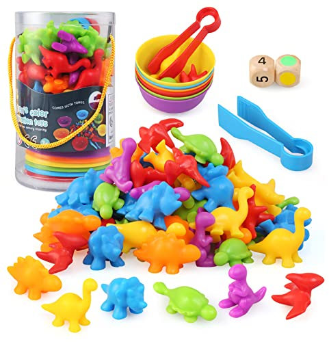 BelleStyle Montessori Spielzeug ab 3 4 5 Jahre, 58 Stück Dinosaurier Zählen Farberkennung Spielzeug, Motorikspielzeug Lernspielzeug Geschenk für Kinder Mädchen Jungen