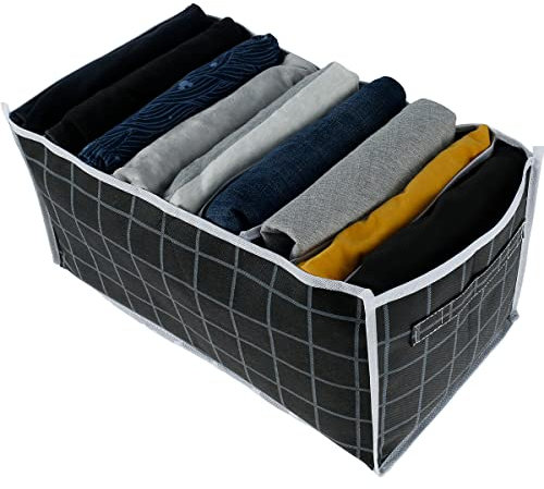 Cajas para armario,Jeans Caja de almacenamiento de tela no tejida transpirable organizador bolsa para edredones, mantas, ropa de cama, gris(con 9 compartimentos portátiles, rejilla negra)
