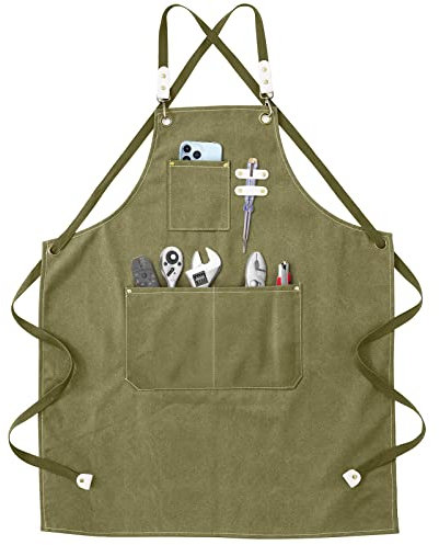 Grembiule da Lavoro - Grembiule da Saldatura con Tasche per Attrezzi Cinghie Incrociate Regolabili sul Retro Indumenti Protettivi per Uomo e Donna Perfetto per Giardino,Cucina,Garage (Verde) 78*57cm