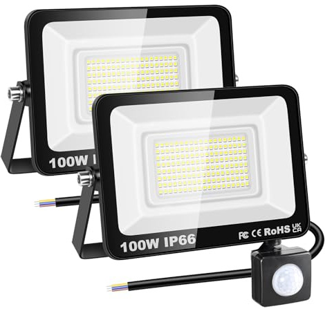 RIGIDON 2 x 100 W LED utomhusprojektor med rörelsedetektor, 1 0 000 LM 6 000 K, kall vit, IP66 vattentät utomhusbelysning, uteplats garage trädgård led-projektor