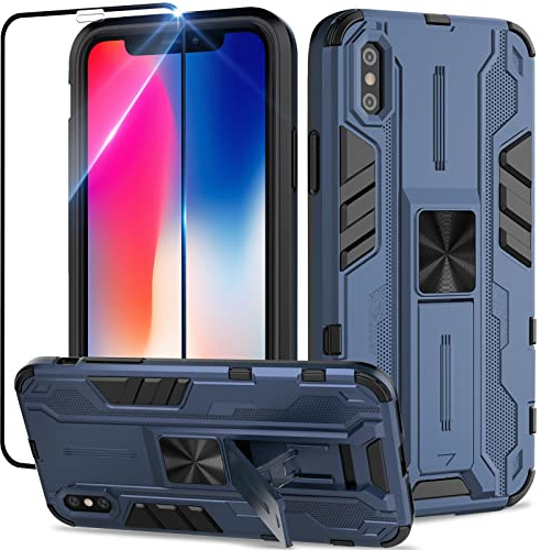 Btstring Funda para iPhone X/XS con Cristal Templado Protector Pantalla, Carcasa Protectora Antigolpes con Soporte Reforzado - Azul
