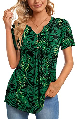 CATHY Womens Short Sleeve Tunic Tops Henley Shirt V Neck Button Up Blouse Casual Pleated Basic Pullover, XL, Green Leaf-Black