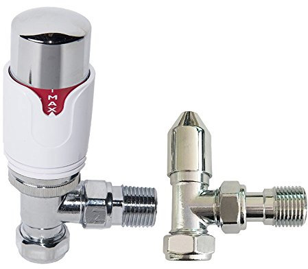 Premium 15 mm x ½ Blanco y Cromo en ángulo TRV Válvula termostática de diseñador para radiador Grifos de calefacción Central con válvula en ángulo Manual Gratuita